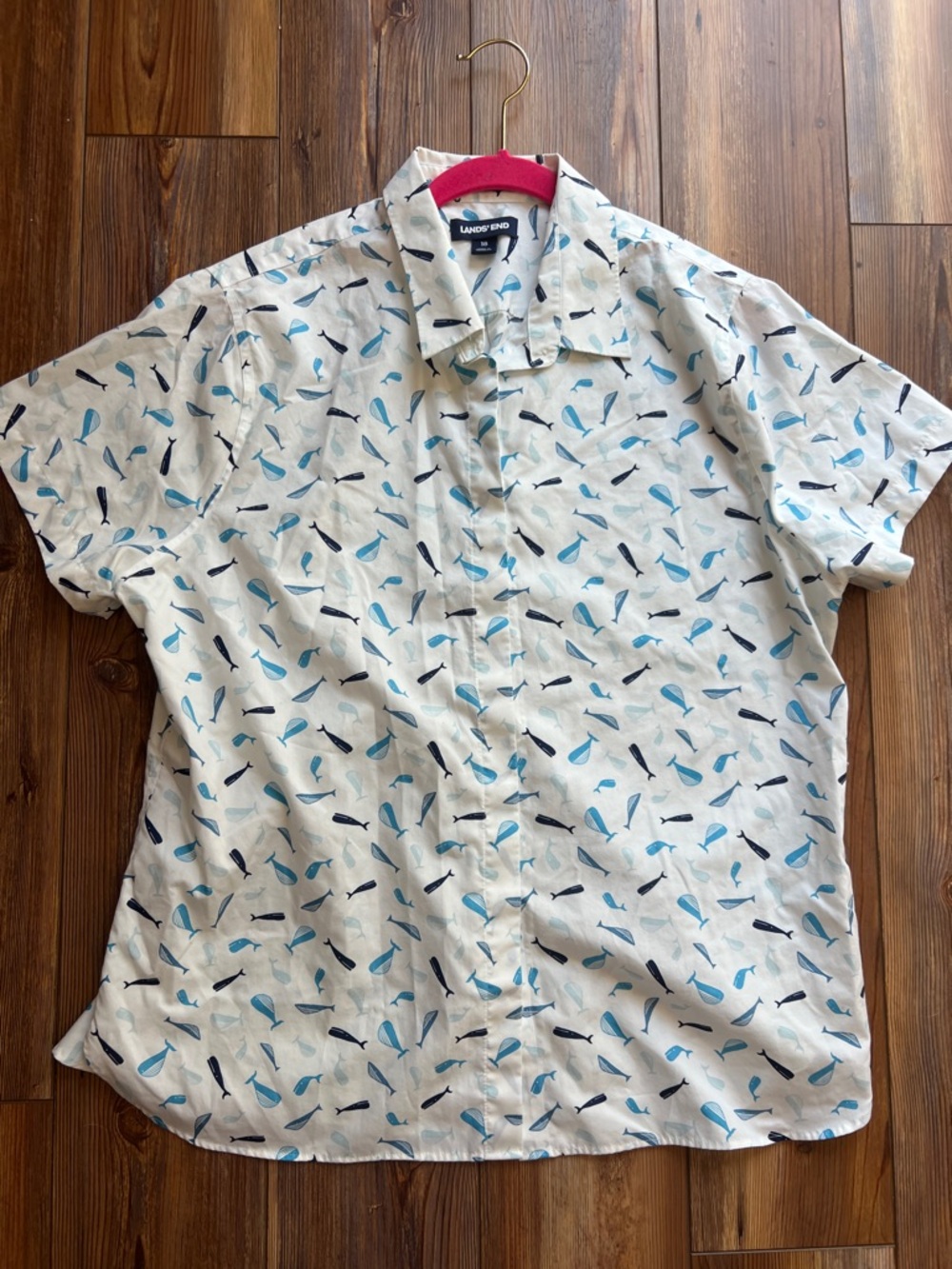 Lands' End White Short-Sleeve Button-Up Shirt with Blue Whale Print - Picture 9 of 11